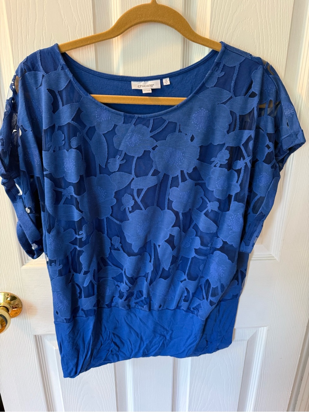 Chico's Blue Floral Cutout Short-Sleeve Top